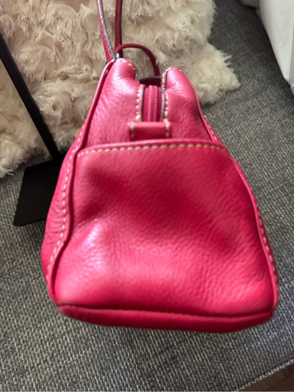 Fossil Red Leather Shoulder Bag / Satchel – Double Handle – Silver Hardware